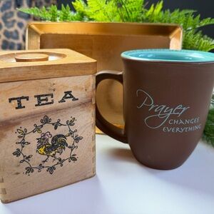 Inspirational Brown and Teal Mug with Vintage Rustic Tea Box